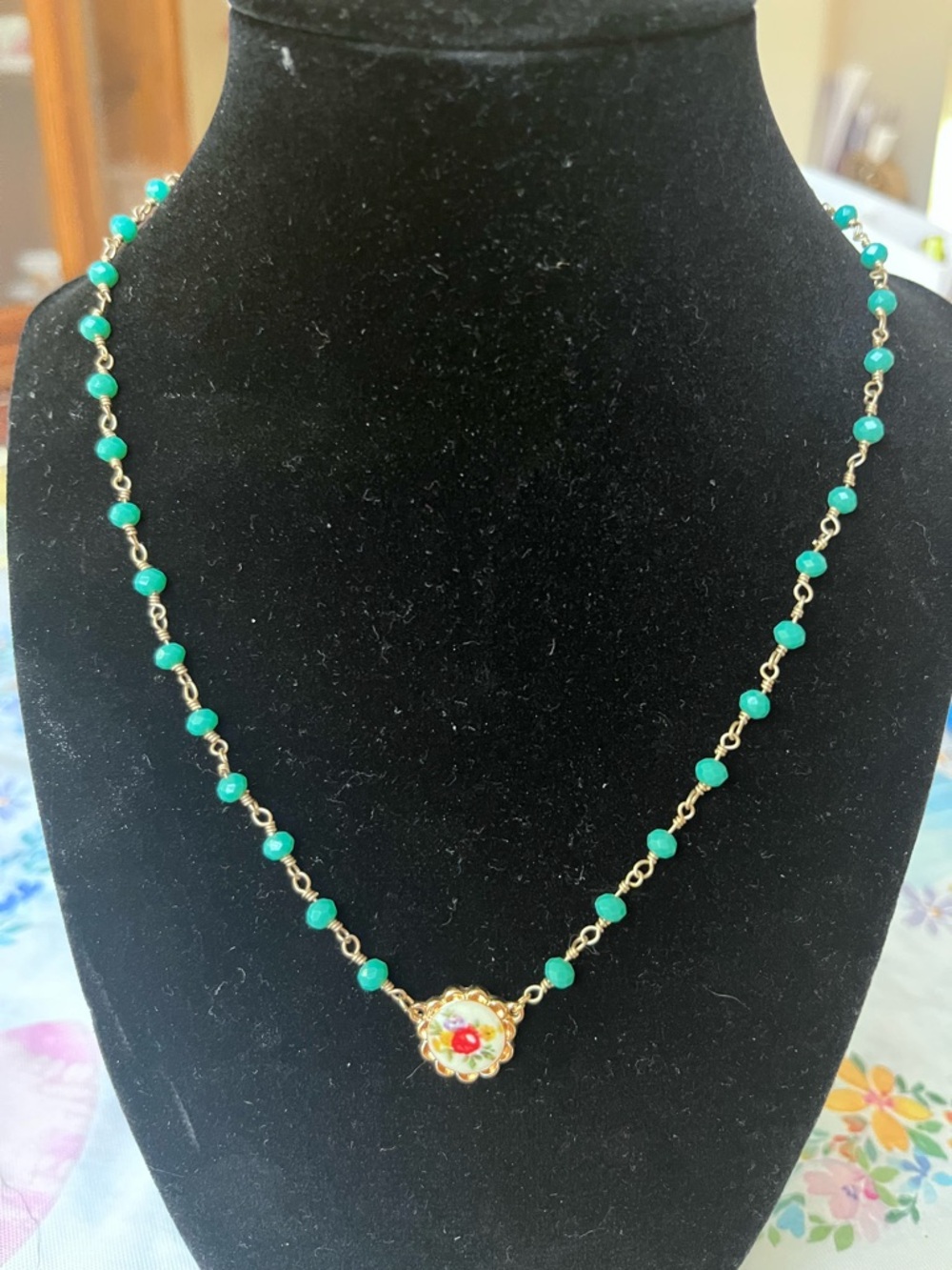 Green Bead Gold-Tone Floral Pendant Necklace